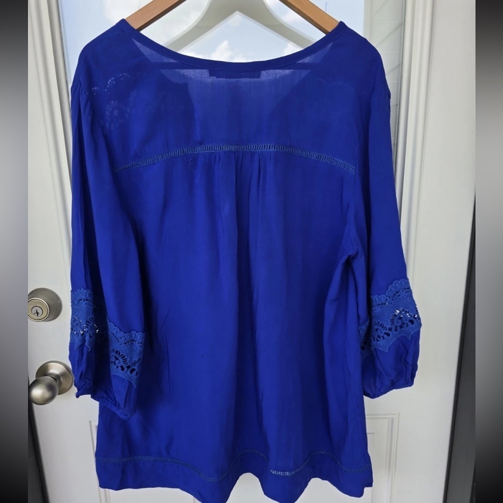 Solitaire Eyelet Tunic Lace Top Sz 1X Plus Blue Women's 3/4 Sleeve Coastal - Picture 15 of 16